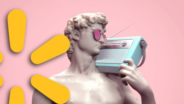partial Walmart logo over a pink background and a statue of man holding a radio and wearing pink sunglasses