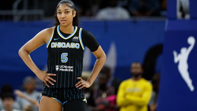 Chicago Sky star Angel Reese looks on during a game against the Las Vegas Aces.