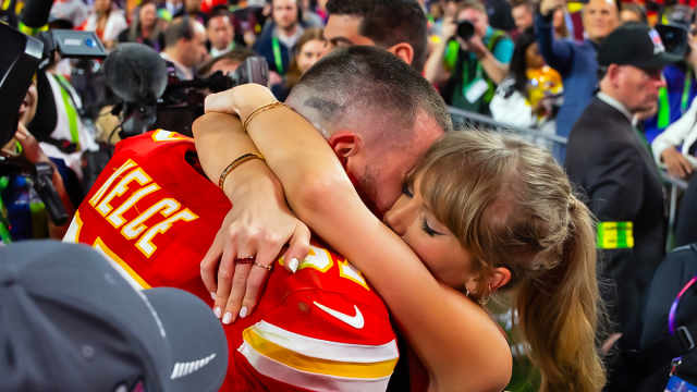 Kansas City Chiefs tight end Travis Kelce celebrates with girlfriend Taylor Swift after the 2024 Super Bowl.