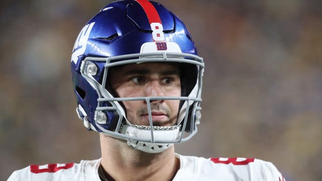 Oct 28, 2024; Pittsburgh, Pennsylvania, USA; New York Giants quarterback Daniel Jones (8) looks on against the Pittsburgh Steelers during the first quarter at Acrisure Stadium. Mandatory Credit: Charles LeClaire-Imagn Images