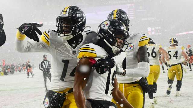 Nov 21, 2024; Cleveland, Ohio, USA; Pittsburgh Steelers wide receiver George Pickens (14) and wide receiver Calvin Austin III (19) celebrate after Austin caught a touchdown during the second half against the Cleveland Browns at Huntington Bank Field. Mandatory Credit: Ken Blaze-Imagn Images