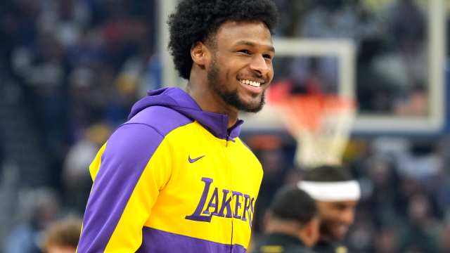 Los Angeles Lakers guard Bronny James before the game against the Golden State Warriors at Chase Center.