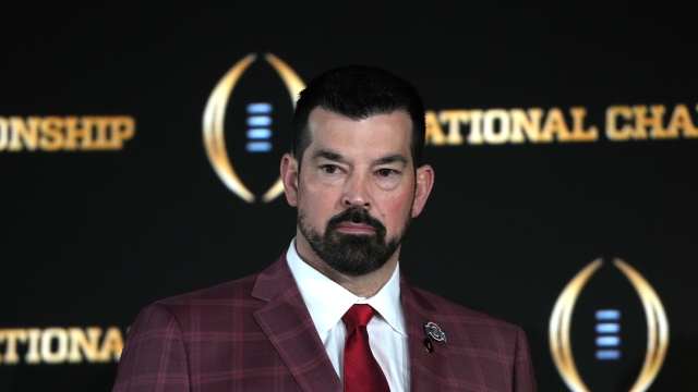 Ohio State Buckeyes head coach Ryan Day during College Football Playoff National Championship press conference at The Westin Peachtree Plaza, Savannah Ballroom.