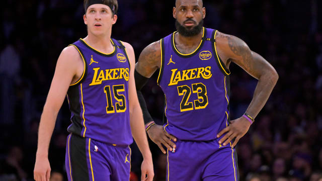Los Angeles Lakers guard Austin Reaves and forward LeBron James.