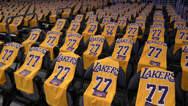 No. 77 Los Angeles Lakers jerseys are draped on every seat at Crypto.com Arena ahead of Luka Dončić’s debut with the team against the Utah Jazz on Feb. 10, 2025.