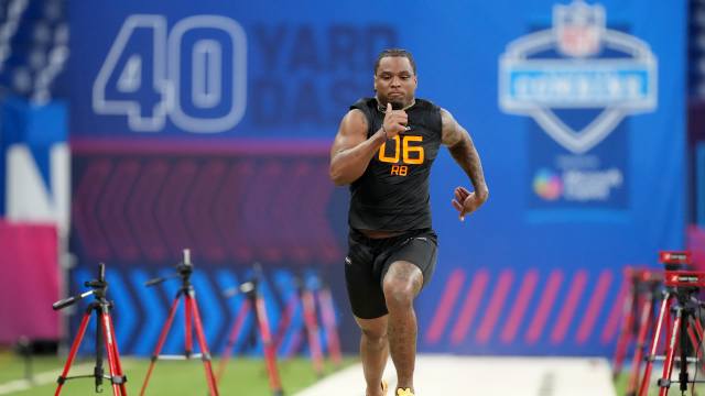 Mar 1, 2025; Indianapolis, IN, USA; Georgia running back Trevor Etienne (RB06) during the 2025 NFL Combine at Lucas Oil Stadium. Mandatory Credit: Kirby Lee-Imagn Images