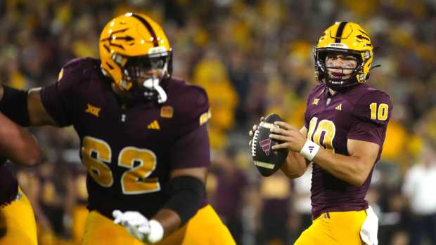 ASU quarterback Sam Leavitt (10) looks for a receiver during a game against Wyoming at Mountain America Stadium on Aug. 31, 2024, in Tempe.  