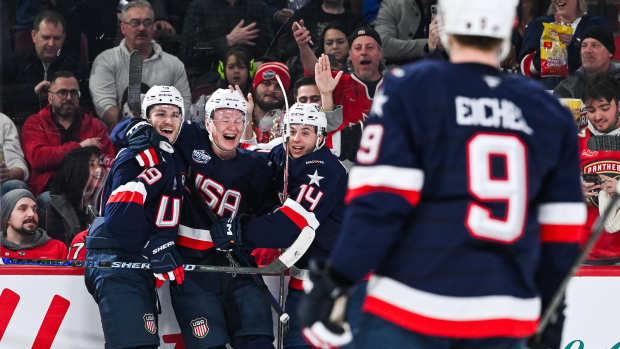 Matthew Tkachuk, Brady Tkachuk, Brock Faber, and Jack Eichel.
