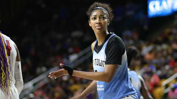 Chicago Sky forward Angel Reese (5) looks on during the first half against the Washington Mystics.