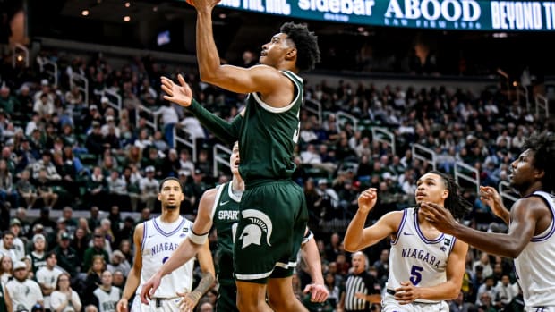 Michigan State's Jaden Akins scores against Niagara during the first half on Thursday, Nov. 7, 2024, at the Breslin Center in East Lansing.