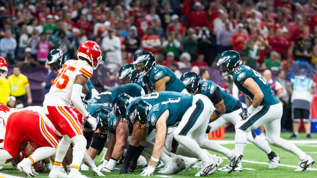 Philadelphia Eagles quarterback Jalen Hurts (1) lines up for the tush push play.