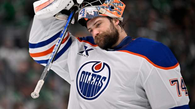 Edmonton Oilers goaltender Stuart Skinner (74) reacts against the Dallas Stars at American Airlines Center.