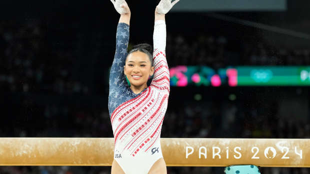 Suni Lee of the United States during the women’s team final at the Paris 2024 Olympics.