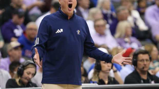 Kansas coach Bill Self yells out at players in the first half of the Big 12 Conference Tournament first round game against Cincinnati Wednesday, March 13, 2024, inside the T-Mobile Center in Kansas City, Mo.