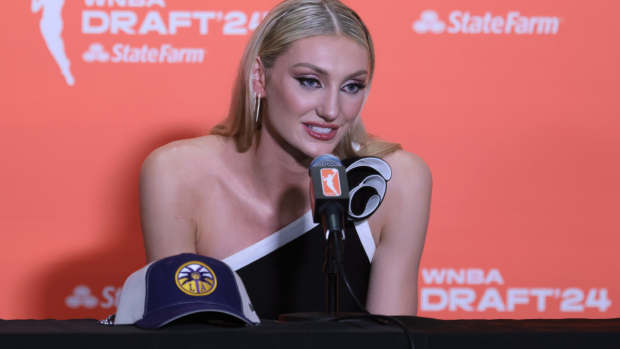 Cameron Brink speaks in a press conference after she is selected with the number two overall pick to the Los Angeles Sparks in the 2024 WNBA Draft at Brooklyn Academy of Music.