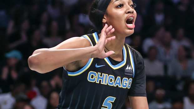 Sky forward Angel Reese reacts after a turnover in the first quarter against the New York Liberty.