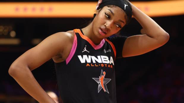 Chicago Sky player Angel Reese reacts during the 2024 WNBA All-Star Game.
