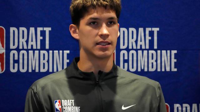 Egor Demin talks to the media during the 2025 NBA Draft Combine at Marriott Marquis Chicago.