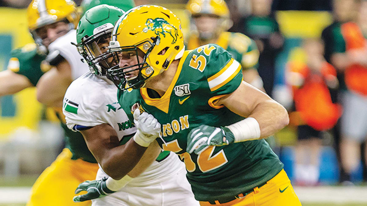 October 3, 2020: North Dakota State Bison quarterback Trey Lance (5)  celebrates after rushing for a touchdown in the second half of a NCAA FCS  football game between the Central Arkansas Bears