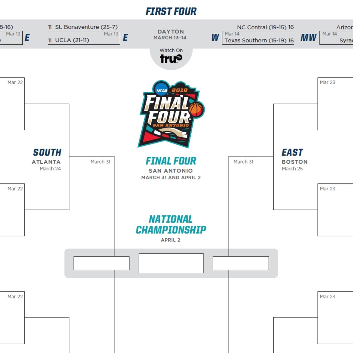 Printable NCAA Tournament Bracket for 2018 March Madness