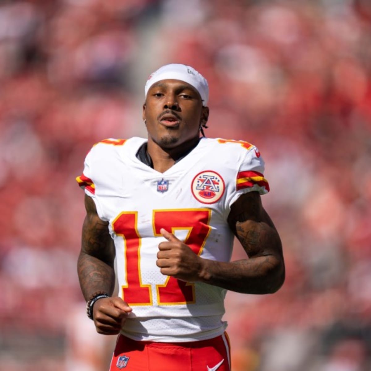 Kansas City Chiefs wide receiver Mecole Hardman (17) is introduced before  an NFL football game against the Indianapolis Colts in Kansas City, Mo.,  Sunday, Oct. 6, 2019. (AP Photo/Reed Hoffmann Stock Photo - Alamy