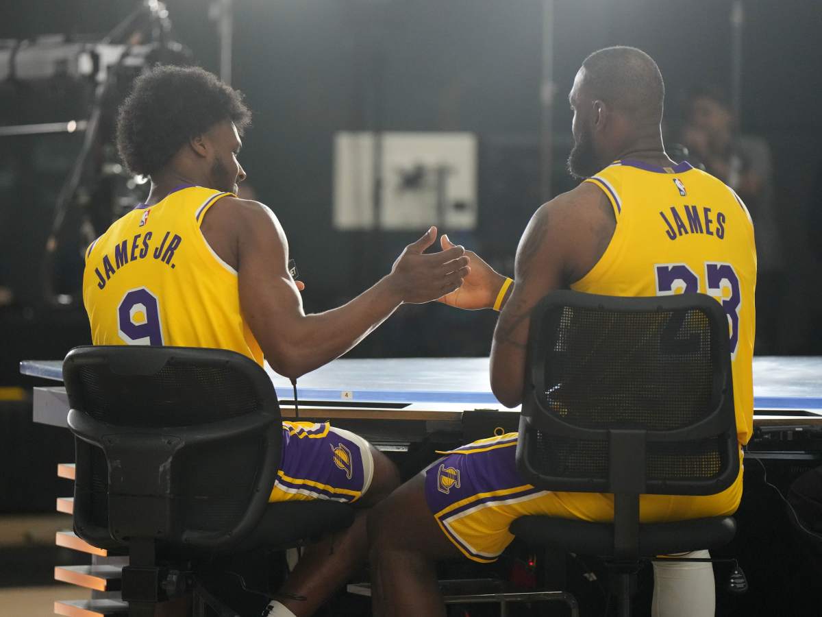 Bronny James Sports LeBron s Air Zoom Generation Court Purple Shoes at First Lakers Media Day Athlon Sports