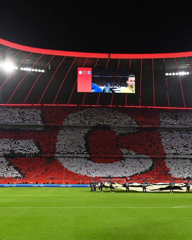 A photo taken from inside the Allianz Arena before kick-off between Bayern Munich and PSG in March 2023