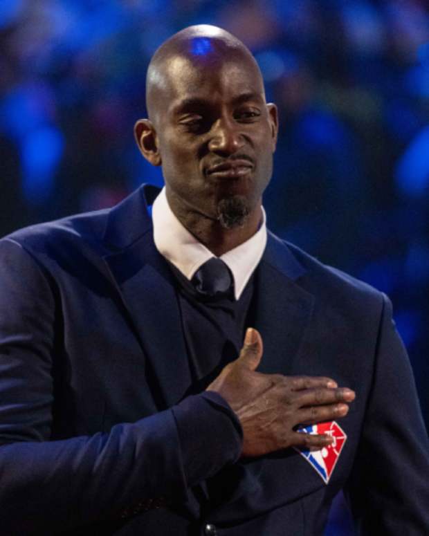 NBA great Kevin Garnett is honored for being selected to the NBA 75th Anniversary Team during halftime in the 2022 NBA All-Star Game at Rocket Mortgage FieldHouse.