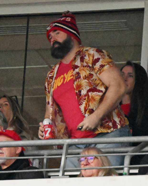 Jason Kelce, brother of Kansas City Chiefs tight end Travis Kelce (not pictured), watches the AFC Championship football game between the Kansas City Chiefs and Baltimore Ravens at M&T Bank Stadium.