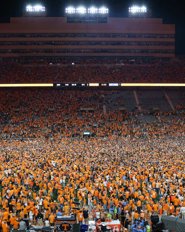 Oct 15, 2022; Knoxville, Tennessee, USA; Tennessee Volunteers fans tear down the goal posts after beating the Alabama Crimson Tide at Neyland Stadium.