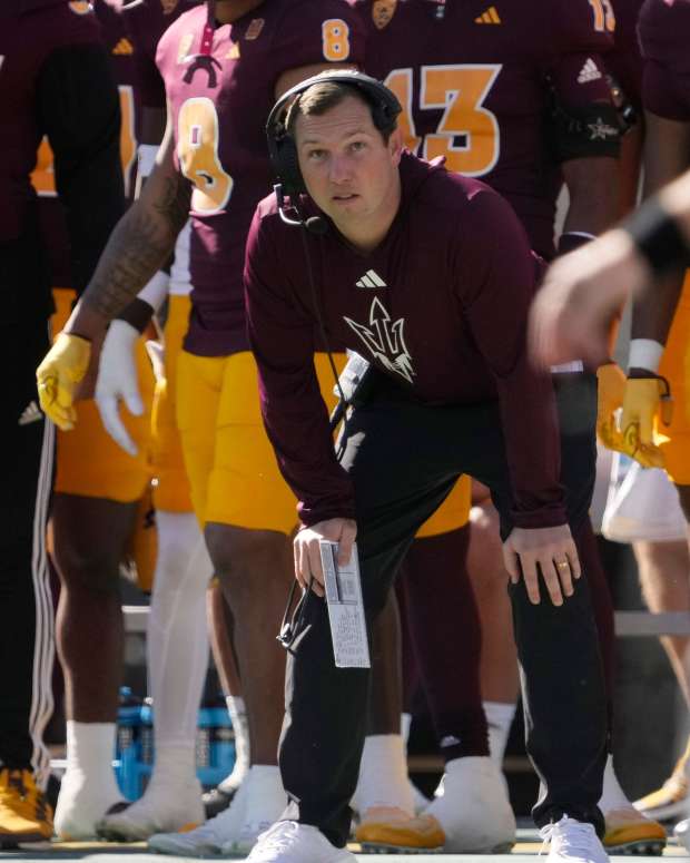 Arizona State head coach Kenny Dillingham watches his team play against Arizona during the first quarter at Mountain America Stadium in Tempe on Nov. 25, 2023.