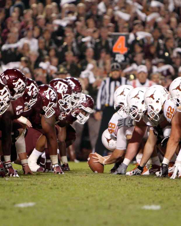Nov 24, 2011; College Station, TX, USA; General view of the line of scrimmage during a game between the Texas A&M Aggies and Texas Longhorns in the third quarter at Kyle Field. Mandatory Credit: Brett Davis-USA TODAY Sports