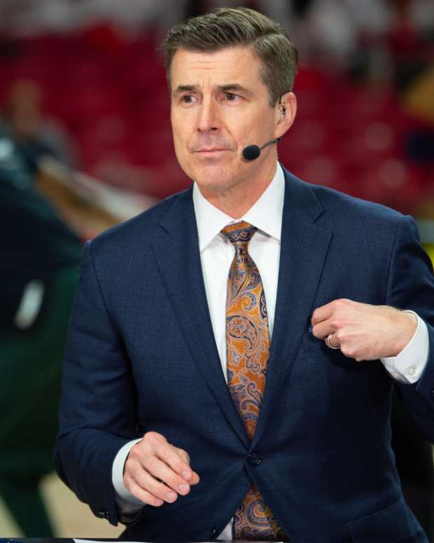 American sports broadcaster Rece Davis stand curtsied before the between the Maryland Terrapins and the Michigan State Spartans is at XFINITY Center. 