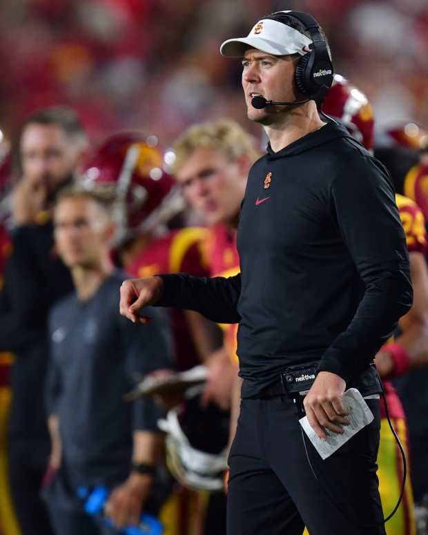 Oct 7, 2023; Los Angeles, California, USA; Southern California Trojans head coach Lincoln Riley watches game action against the Arizona Wildcats during the second half at Los Angeles Memorial Coliseum. Mandatory Credit: Gary A. Vasquez-USA TODAY Sports  