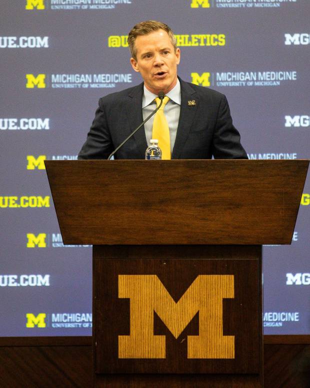 U-M's new men's basketball head coach Dusty May speaks during introductory press conference at Junge Family Champions Center in Ann Arbor on Tuesday, March 26, 2024.  
