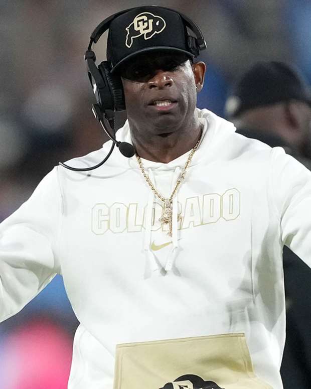 Colorado Buffaloes football coach Deion Sanders reacts during his team’s game against the UCLA Bruins in Pasadena, Calif., on Oct. 28, 2023.