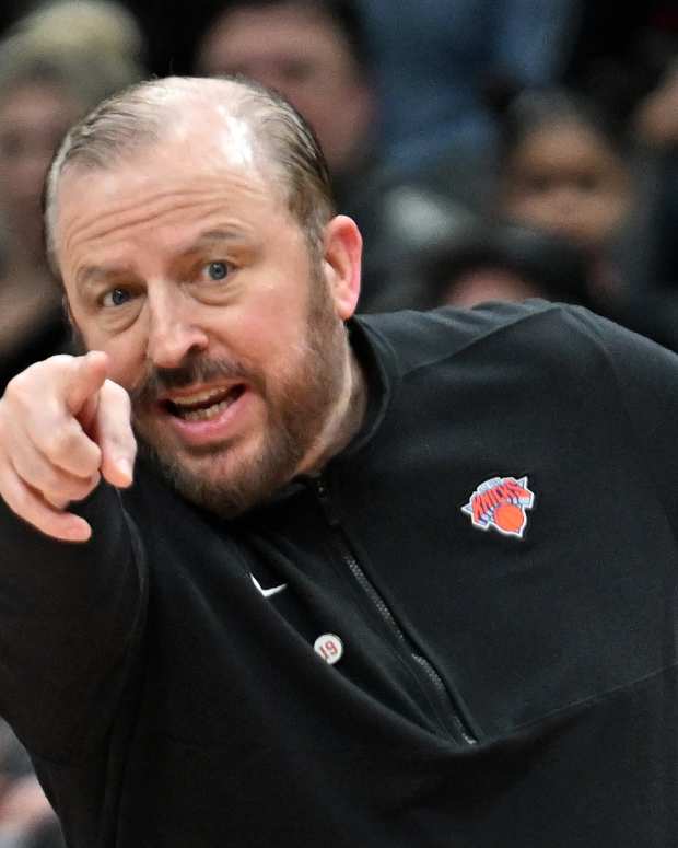 Mar 27, 2024; Toronto, Ontario, CAN; New York Knicks head coach Tom Thibodeau gestures as he directs his players against the Toronto Raptors in the first half at Scotiabank Arena.