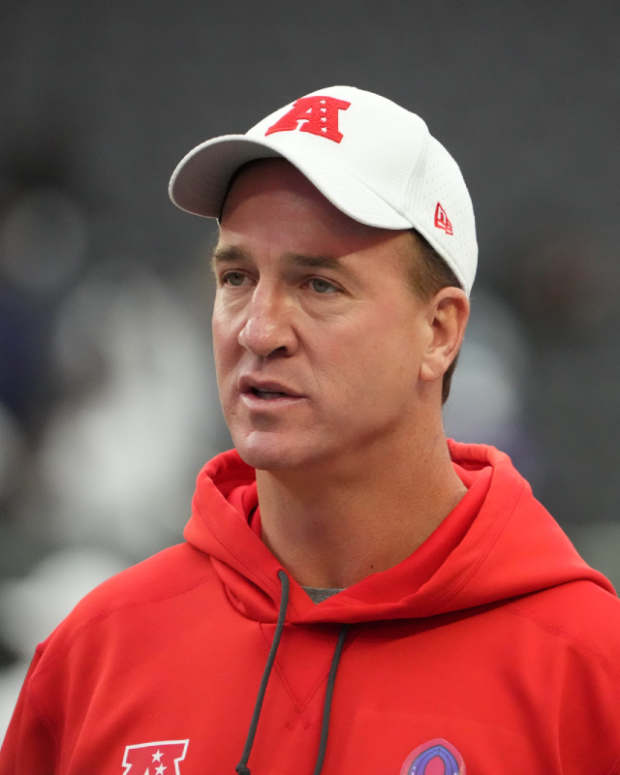 AFC coach Peyton Manning reacts during Pro Bowl Games practice at Allegiant Stadium.