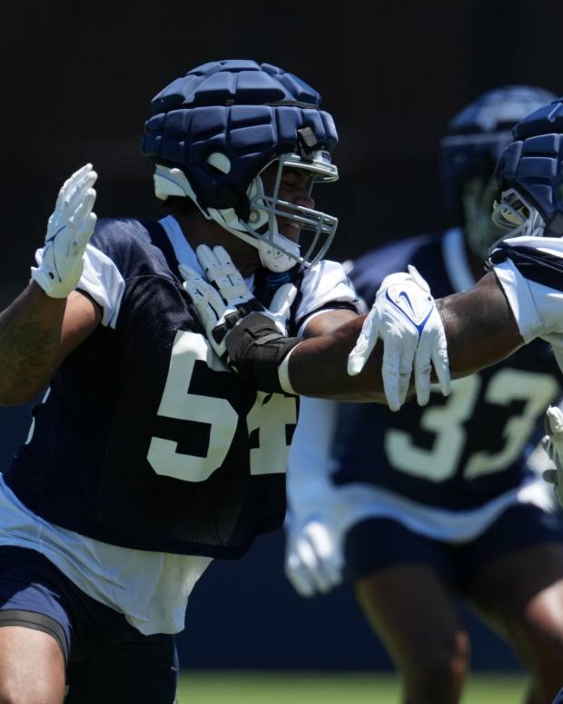 Jul 27, 2023; Oxnard, CA, USA; Dallas Cowboys defensive end Sam Williams (54) and tackle Tyron Smith (77) wear Guardian helmet caps during training camp at Marriott Residence Inn-River Ridge Playing Fields.