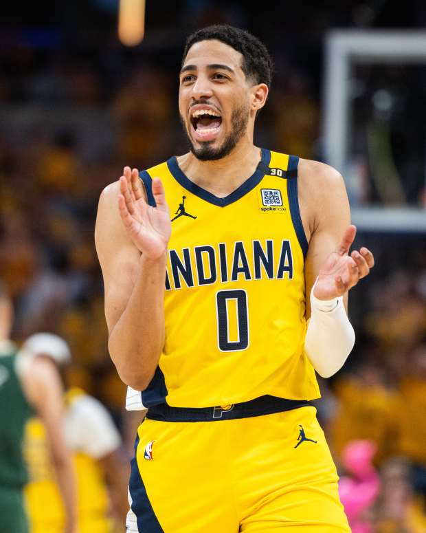 Apr 26, 2024; Indianapolis, Indiana, USA; Indiana Pacers guard Tyrese Haliburton (0) during game three of the first round for the 2024 NBA playoffs against the Milwaukee Bucks at Gainbridge Fieldhouse.