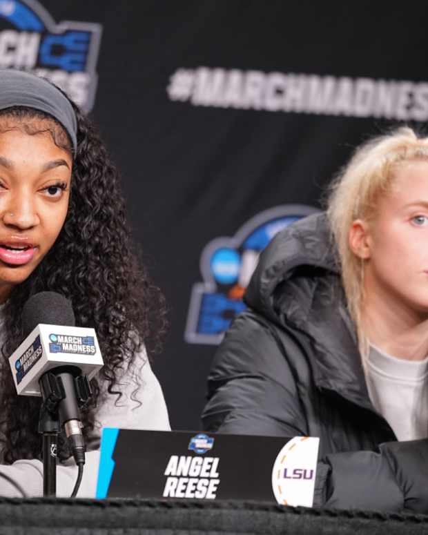 LSU Lady Tigers forward Angel Reese (10) and LSU Lady Tigers guard Hailey Van Lith (11) take questions from the media at MVP Arena, Sunday, March 31, 2024 in Albany, N.Y.  
