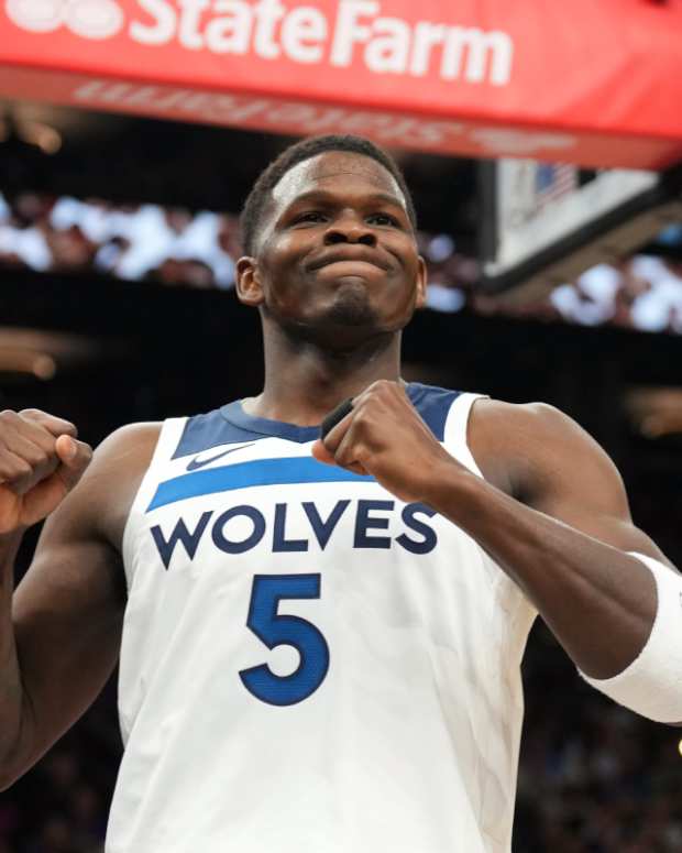 Minnesota Timberwolves guard Anthony Edwards (5) reacts against the Phoenix Suns during the first half of game four of the first round for the 2024 NBA playoffs at Footprint Center. 