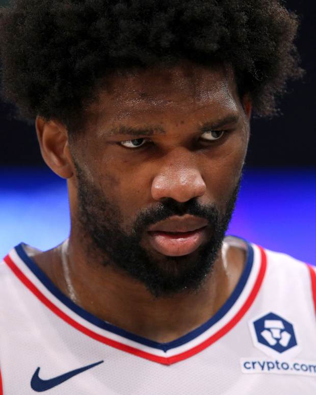 Apr 30, 2024; New York, New York, USA; Philadelphia 76ers center Joel Embiid (21) during the first quarter of game 5 of the first round of the 2024 NBA playoffs against the New York Knicks at Madison Square Garden.