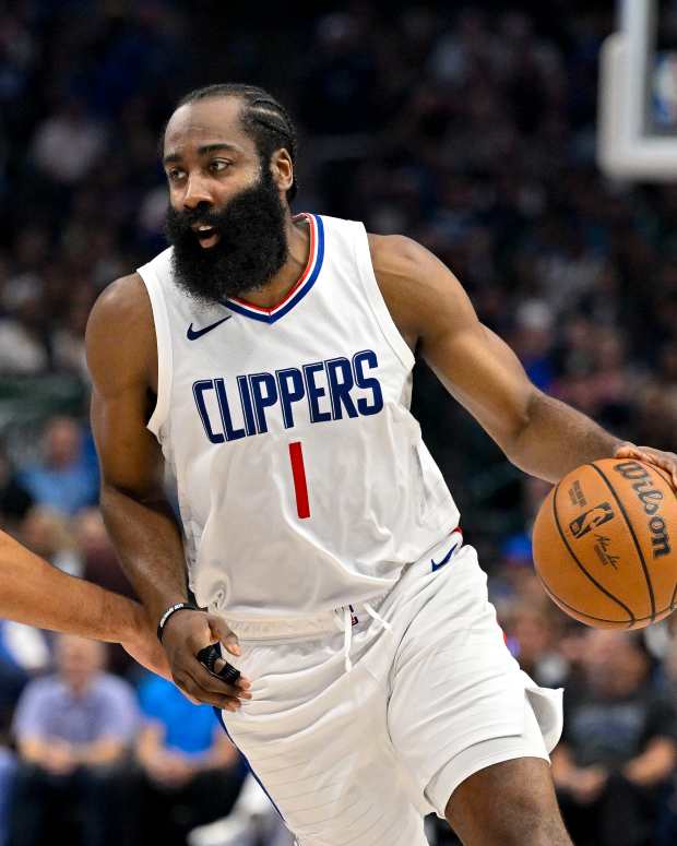 USA: LA Clippers guard James Harden (1) looks to move the ball past Dallas Mavericks guard Josh Green (8) during the second quarter during game three of the first round for the 2024 NBA playoffs at the American Airlines Center.