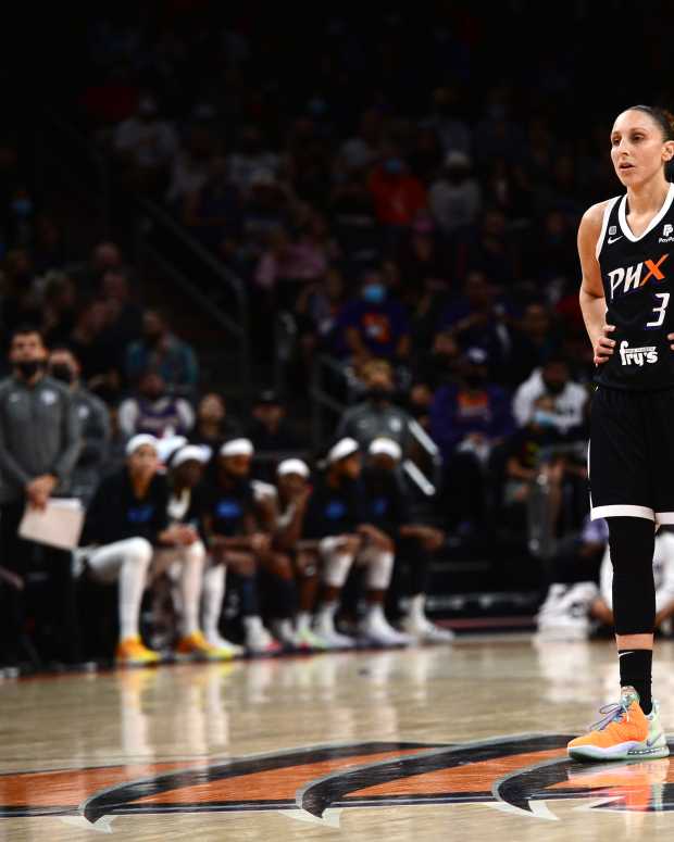 Caption: Oct 13, 2021; Phoenix, Arizona, USA; Phoenix Mercury guard Diana Taurasi (3) looks on against the Chicago Sky during the first half of game two of the 2021 WNBA Finals at Footprint Center. Mandatory Credit: Joe Camporeale-USA TODAY Sports