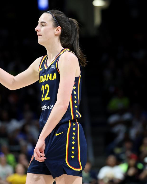 May 3, 2024; Dallas, Texas, USA; Indiana Fever guard Caitlin Clark (22) in action during the game against the Dallas Wings at College Park Center.