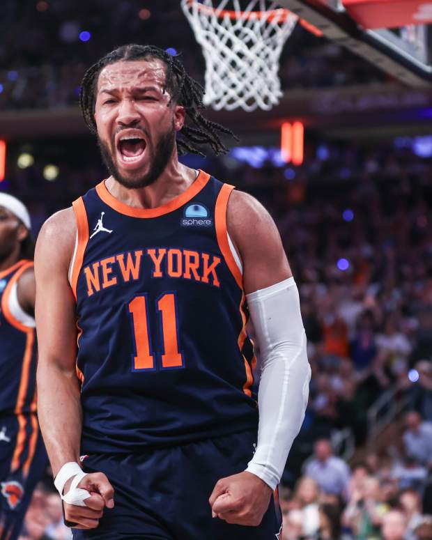 May 8, 2024; New York, New York, USA; New York Knicks guard Jalen Brunson (11) celebrates in the fourth quarter after scoring against the Indiana Pacers during game two of the second round for the 2024 NBA playoffs at Madison Square Garden.