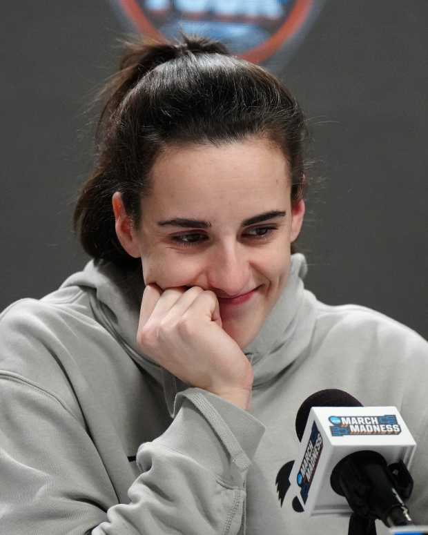 Apr 6, 2024; Cleveland, OH, USA; Iowa Hawkeyes guard Caitlin Clark speaks at a press conference at Rocket Mortgage FieldHouse.