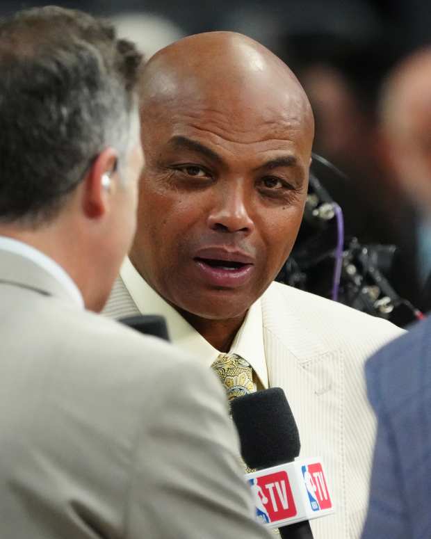 Jun 4, 2023; Denver, CO, USA; TNT sports analyst Charles Barkley speaks before game two between the Miami Heat and the Denver Nuggets in the 2023 NBA Finals at Ball Arena.