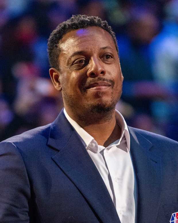 February 20, 2022; Cleveland, Ohio, USA; NBA great Paul Pierce is honored for being selected to the NBA 75th Anniversary Team during halftime in the 2022 NBA All-Star Game at Rocket Mortgage FieldHouse.